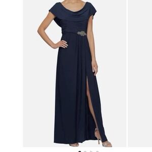 Alex Evening Navy Blue Cowl Neck A Line Sleeveless Stretch Formal Maxi Dress 16